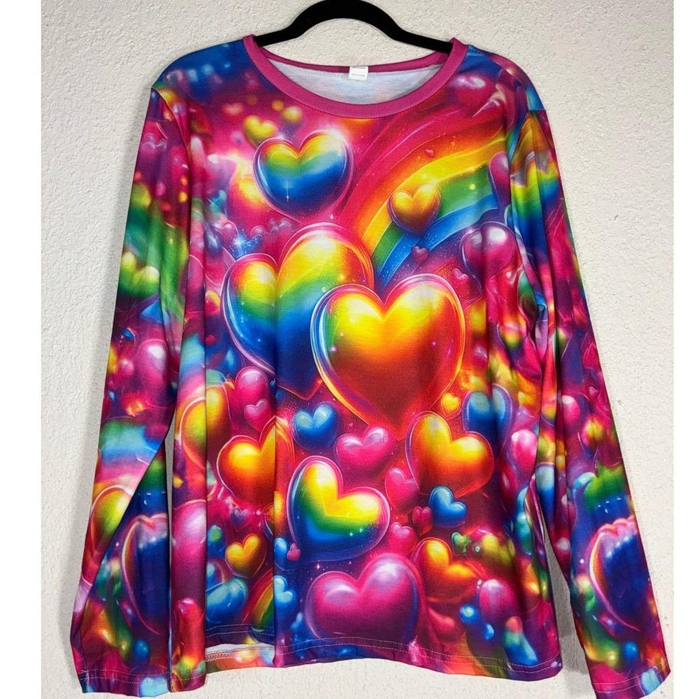 Unbranded Multicolor Rainbow Heart Top - XL- Long Sleeve Graphic Tee Maximalist